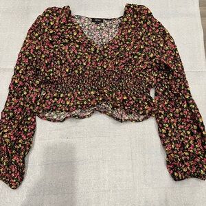 [L]AFRM Women's Floral Smocked Blouse Black and Pink LS